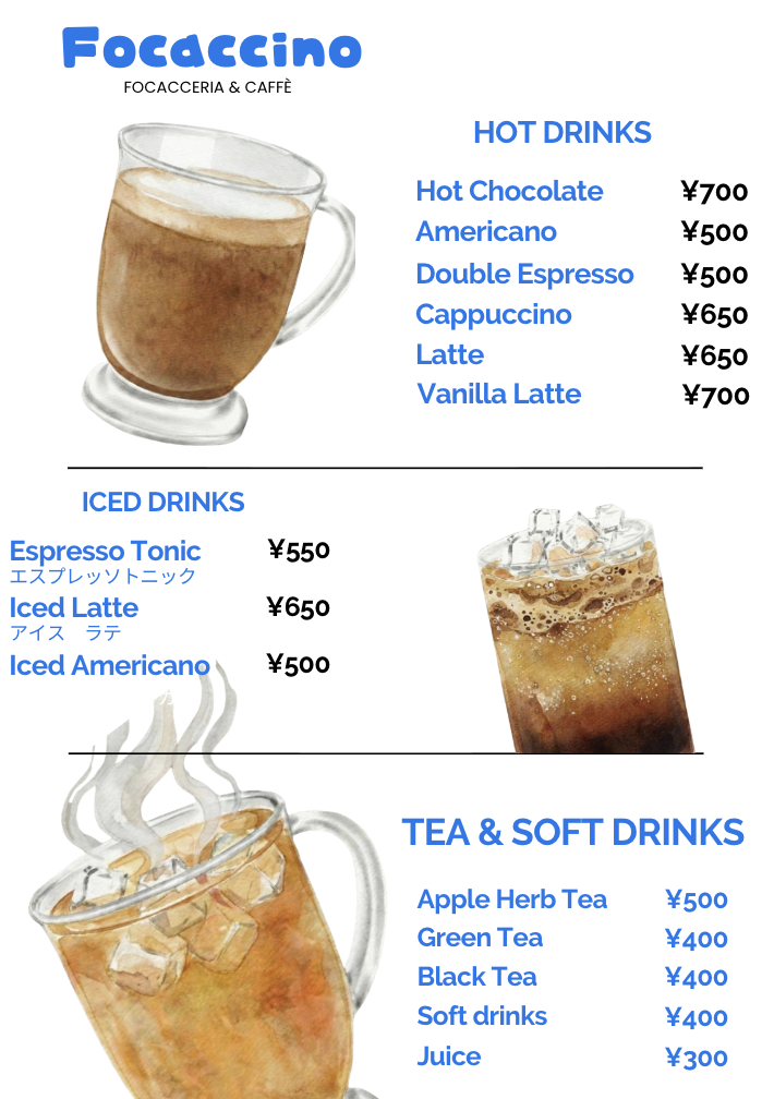 Focaccino drinks menu — hot drinks, iced drinks, tea and soft drinks with prices. Cafe at Hakuba Station, Hakuba