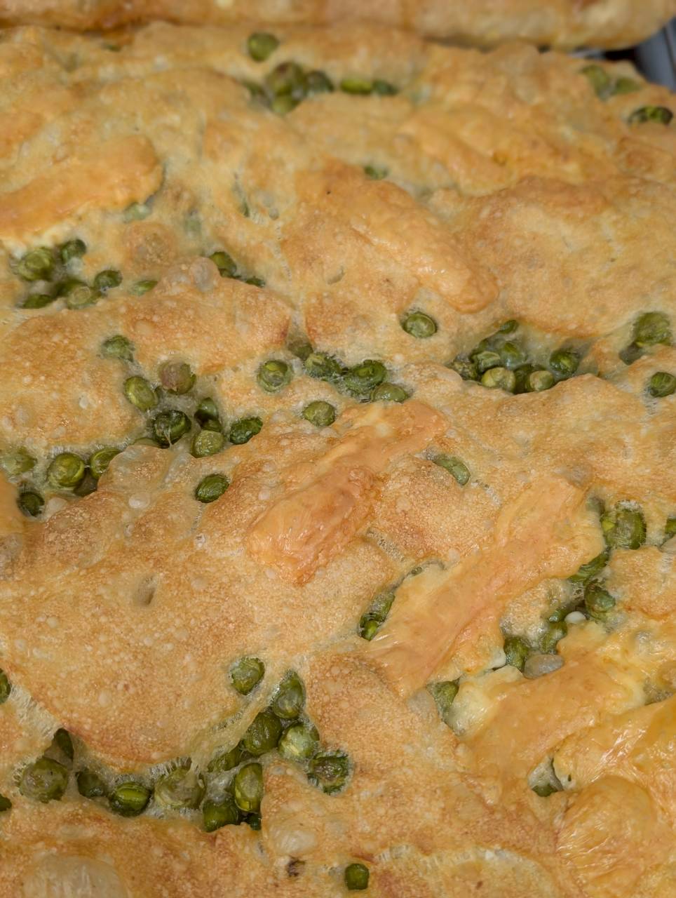 Close-up of green pea focaccia with a golden blistered crust, made with fresh Shinshu peas — Focaccino Hakuba