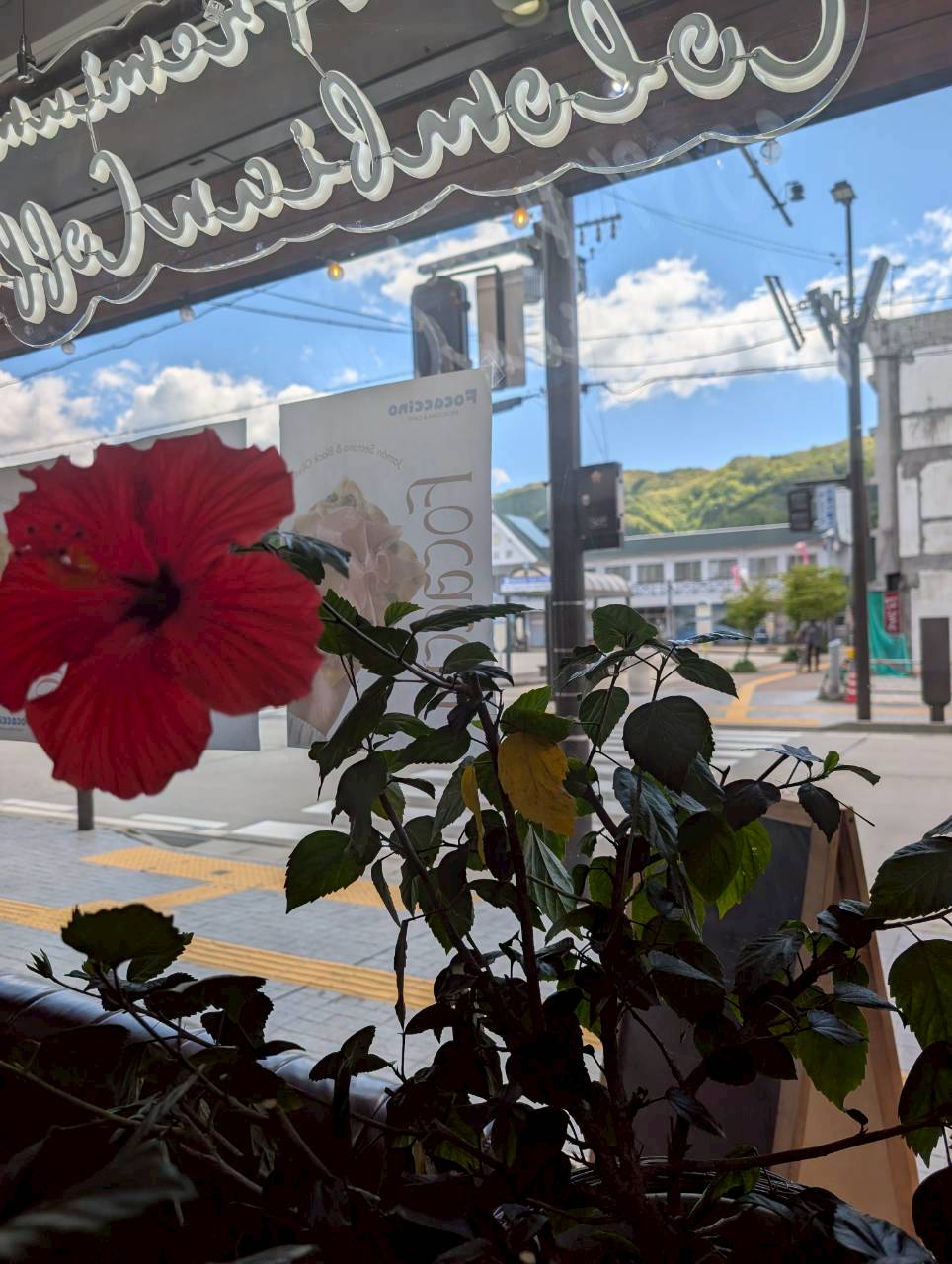 Red hibiscus and the cafe's neon sign overlooking the open plaza in front of Hakuba Station — Focaccino Hakuba