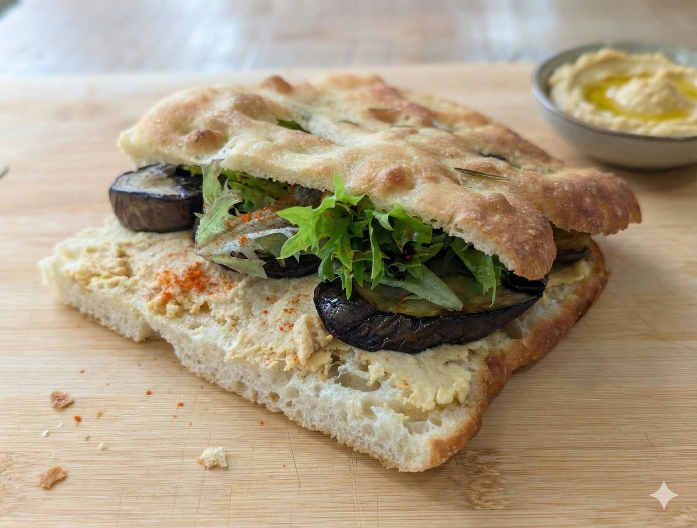 Focaccia sandwich with grilled eggplant, fresh arugula and hummus
